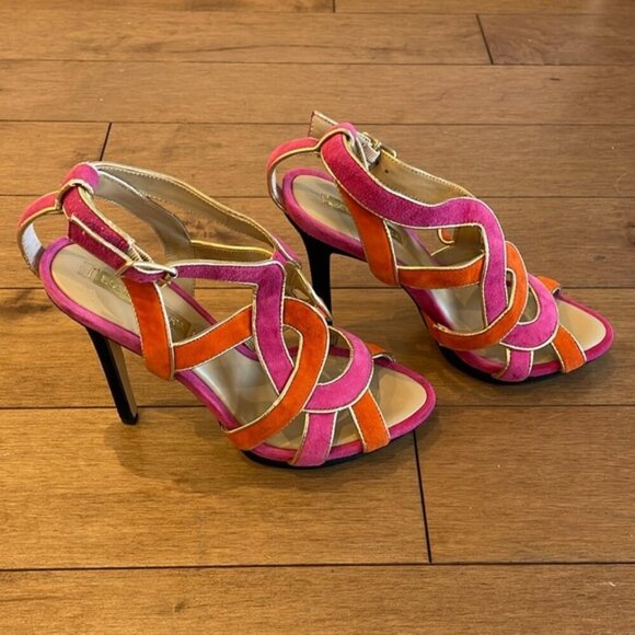 BCBG MaxAzria Kaycee Strappy open toe Suede Platform Sandals 8.5 pink/orange - Picture 8 of 9